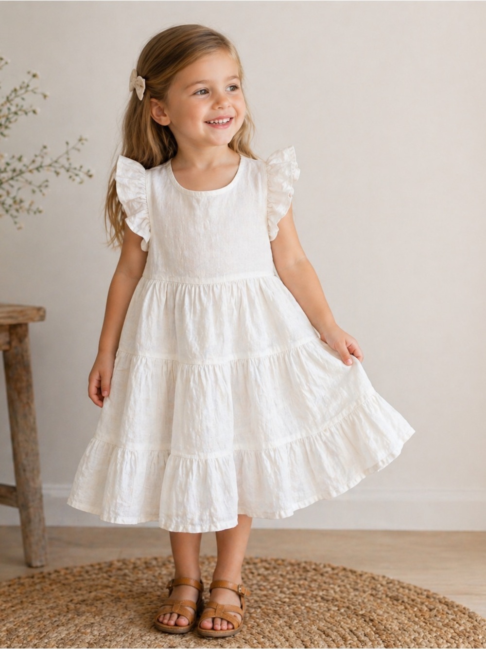 Mabel + Honey White Linen Ruffle Sleeve Dress Size 5 NWT